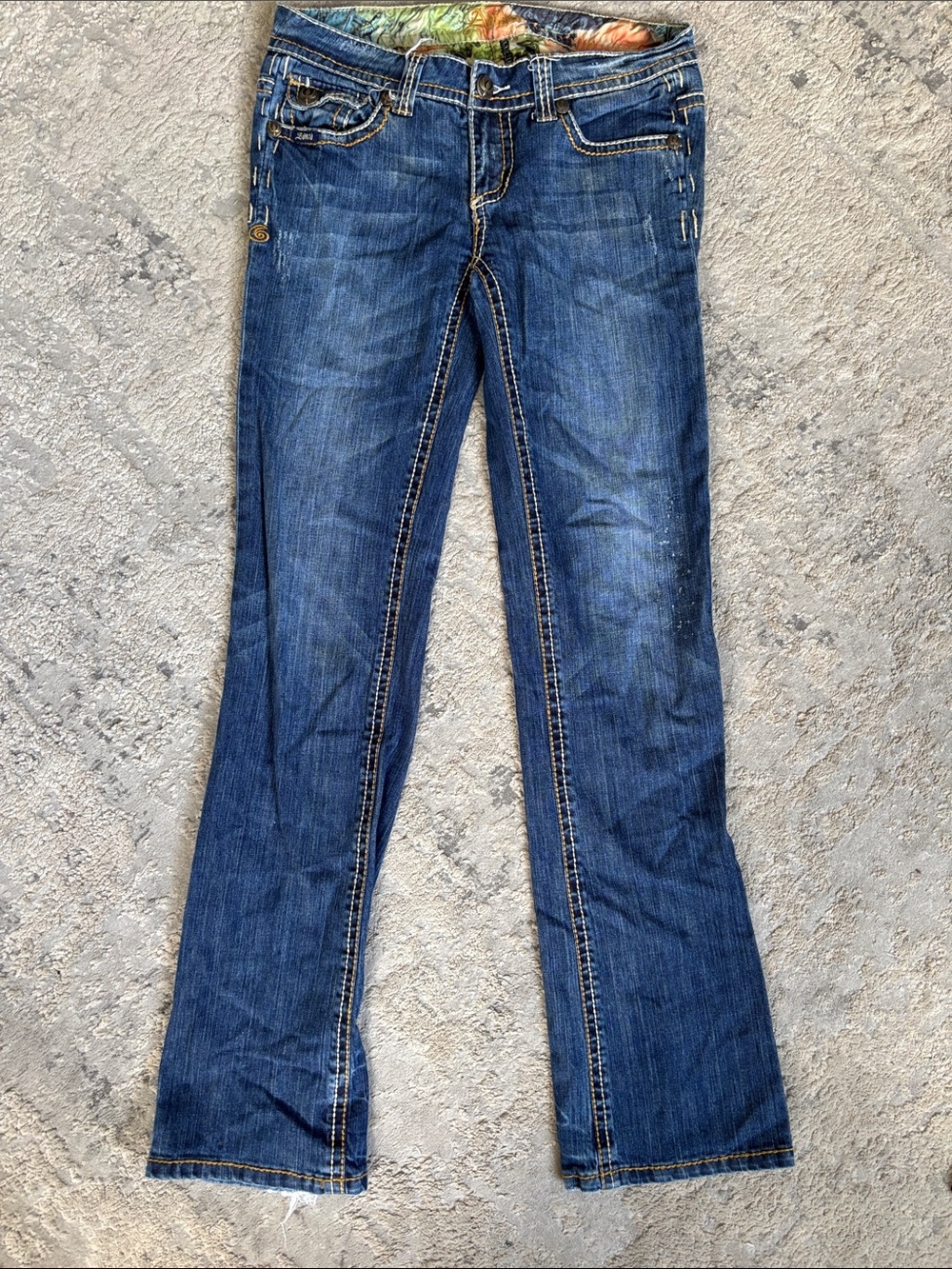 Y2K Adiktd Women's Dark Blue Flare Jeans with Contrast Stitching